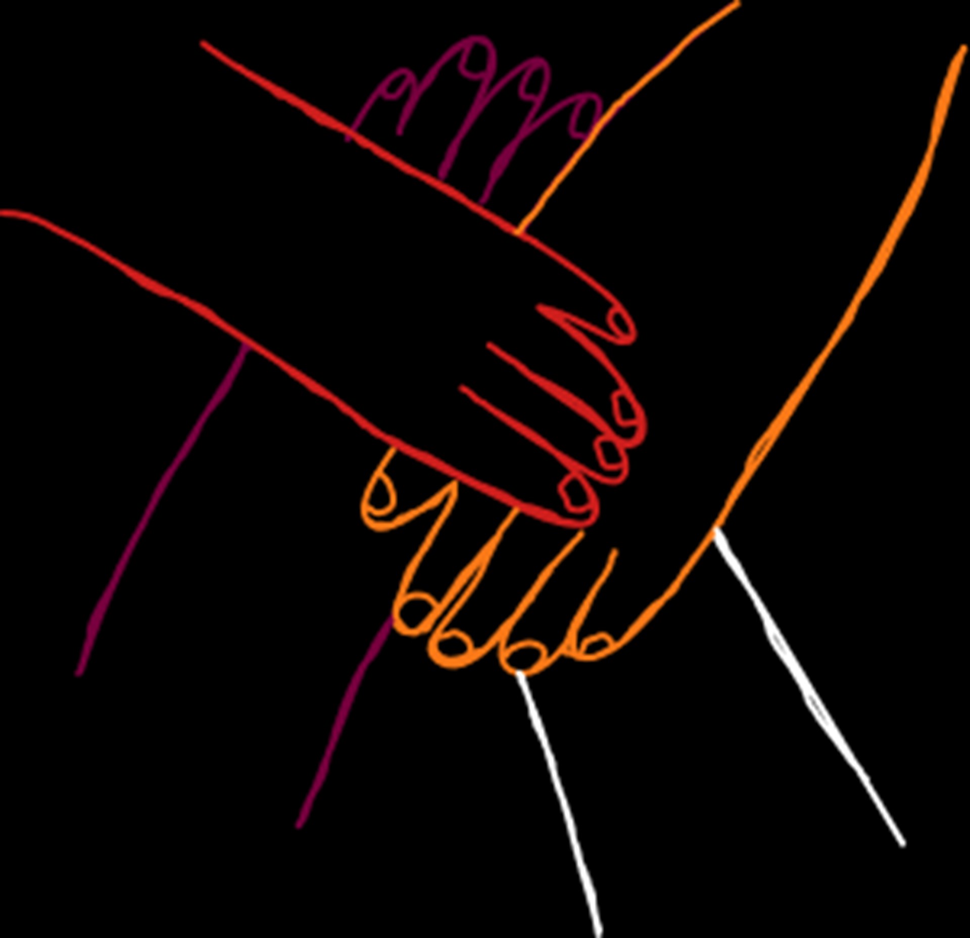 Illustration von mehreren übereinandergelegten Händen in unterschiedlichen Farben als Symbol für Zusammenhalt